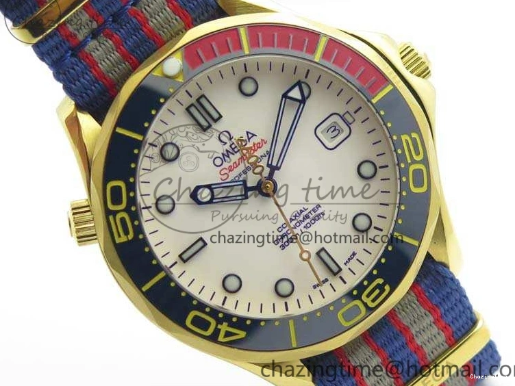 0327 Modern Seamaster 300M 007 YG URF 1:1 Best Edition White Dial Ceramic Bezel On Nylon Strap A 8115